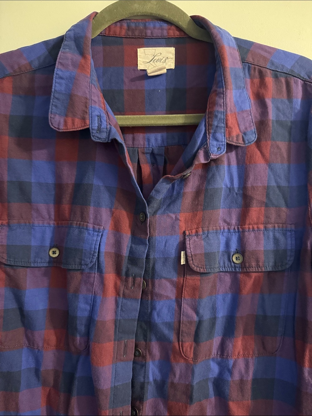Levi's Men's Red and Blue Plaid Button-Down Shirt